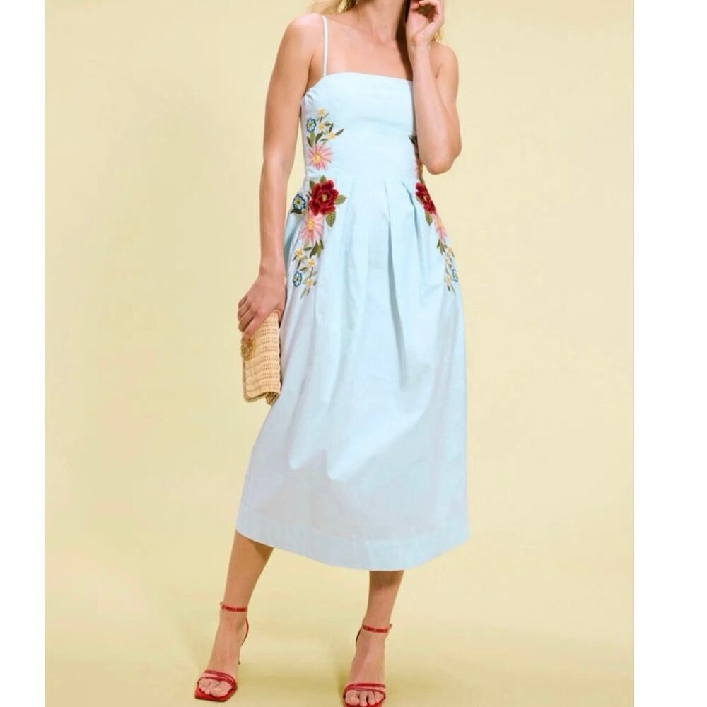 Fanm Mon Sadine blue embroidered midi  Dress Size XL